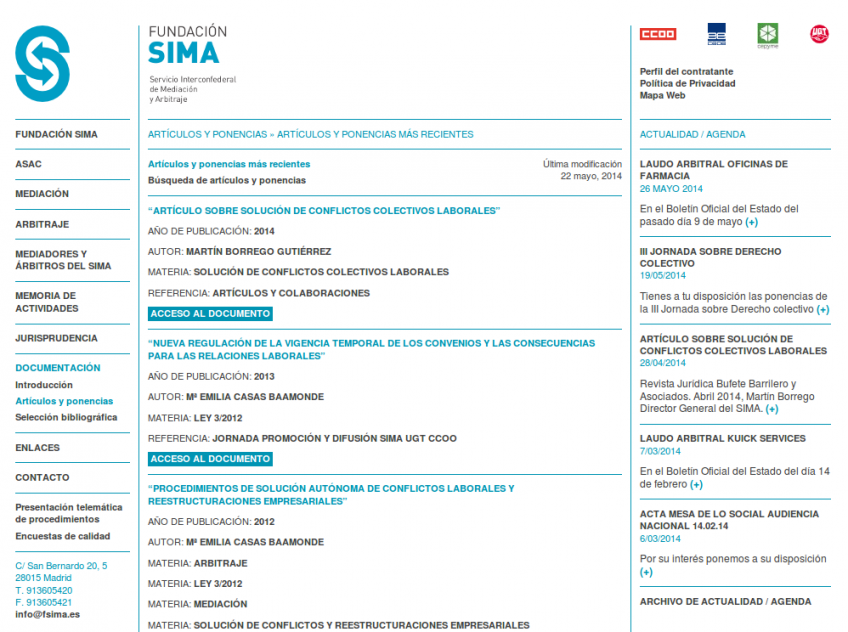 Sección de artículos de la página de la Fundación Sima