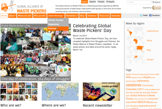 Página de inicio (parte superior) de la Alianza Global de Recicladores (GlobalRec.org)