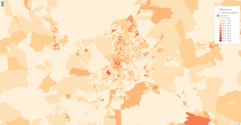 Captura de pantalla del mapa de alquileres por distrito en la Comunidad de Madrid de Héctor Meleiro