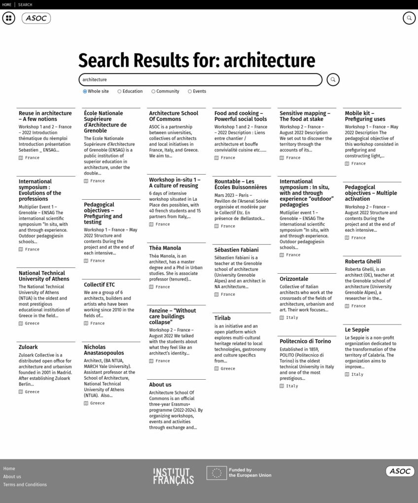 Captura de pantalla de la página de resultados de búsqueda de Architecture School of Commons