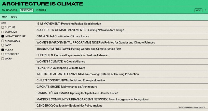 Practices index of the Architecture is Climate website