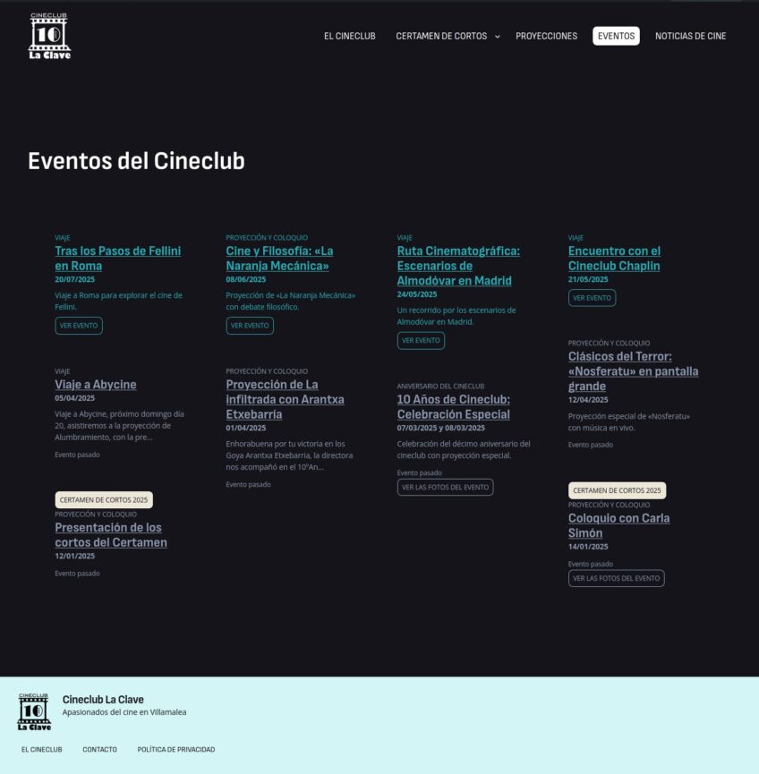 Página de eventos del sitio del Cineclub La Clave