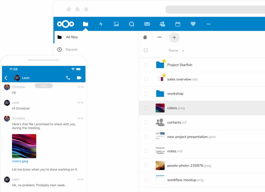 Capturas de pantalla del explorador de archivos de Nextcloud en sus versiones para escritorio y móvil