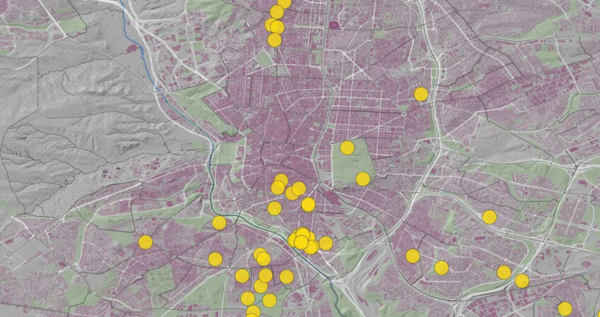 Mapa de Madrid con puntos indicando proyectos.